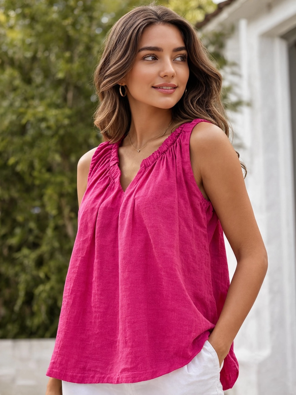 🎽FROCK 100% Linen Sleeveless V-Neck Ruched Tank Top - Hot Pink